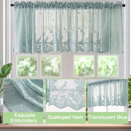 Colexy Short Window Curtains, Net Curtain, Bistro Curtain with Lace, Short Curtains, Cafe Curtain with Rod Pocket, Curtains for Cafe, Kitchen, Living Room and Decoration (130 x 41 cm) (Green)