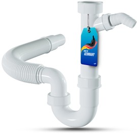 Lobenswerk® Siphon for Kitchen Sink with Flexible Drain Hose - 100% Waterproof - Pipe Siphon with Device Connection + Connection Seals