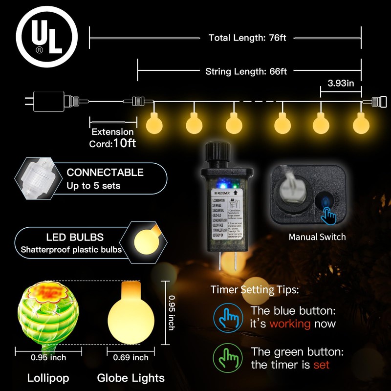 suddus String Lights for Bedroom, 66ft 200 Led Connectable Globe