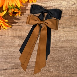 2PCS Silky Satin Hair Bows Hair Clip Black Brown Hair Ribbon Ponytail Holder Accessories Slides Metal Clips Hair Bow for Women Girls Toddlers Teens Kids