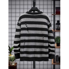 Verdusa Men's Distressed Contrast Binding Round Neck Sweater Striped Long Sleeve Knit Top Grey L