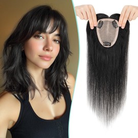 Benehair 100% Remy Human Hair Toppers for Women, 9 * 12CM Silk Base Hairpieces With Bangs 150% Density for Thinning Hair Jet Black 12 Inch