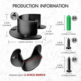 4 Pcs Stainless Steel Pole Sockets, Closet Pole Sockets, Shower Curtain Rod Sockets, U Shape Pole Bracket, Suitable for kitchens, balconies, bathrooms, wardrobes, windows(25mm / 0.98inch, Black).