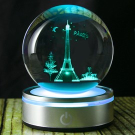 Goutangen 3D Crystal Ball 80mm Paris Eiffer Tower Gifts Ideas for Women Men, Laser Engraved Paris Ornament Glass Ball Decor with Multicolor Lighting Base