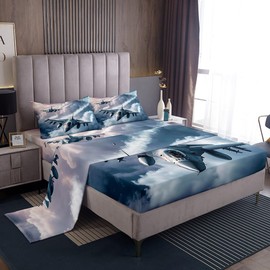 Aircraft Boys Sheet Set 3D Airplane Fighter Plane Bedding Set Blue Gray Cloud Bed Sheets for Boys Bedroom Sky Planes Bed Set (Full Flat Sheet & Fitted Sheet with 2 Pillow Case)