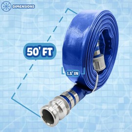 Poolzilla 1.5" x 50' Flat Industrial Blue PVC Backwash Hose with Aluminum Camlock with C & E Fittings, Heavy Duty Reinforced Pump Backwash Hose For Swimming Pools & Spas, 90 PSI Max Pressure