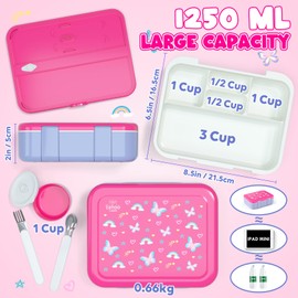 Lehoo Castle Bento Lunch Box for Kids, 1250ml Girls Lunchbox with 5 Compartments, Toddler Lunch Containers with Spoon&Fork, Sauce Jar, Leakproof, BPA-Free(Butterfly)