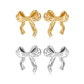 NORLSO Gold Sliver Bow Earrings for Women Cute Ribbon Earrings Gold Silver Bow Knot Earring Bow Stud Earrings Birthday Party Jewelry Christmas Gifts for Women Girls, Metal, No Gemstone