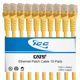 ICC CAT5e Ethernet Patch Cord 1 FT 10-Pack, UTP 24 AWG UL Listed, PoE++, 100% Stranded Copper Snagless Patch Cable for Patch Panel to Network Switch for Data Center, Office, and Home, 1 Feet Yellow