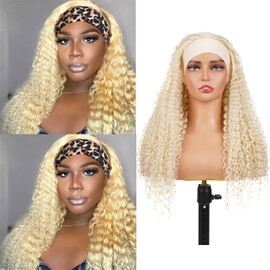 613 Blonde Curly Headband Wig Human Hair 14 Inches Human Hair Headband wig None Lace Front Wigs Human Hair Wig for Black Women Wear and Go Wig 150% Density wig?#613,JC,14Inch)