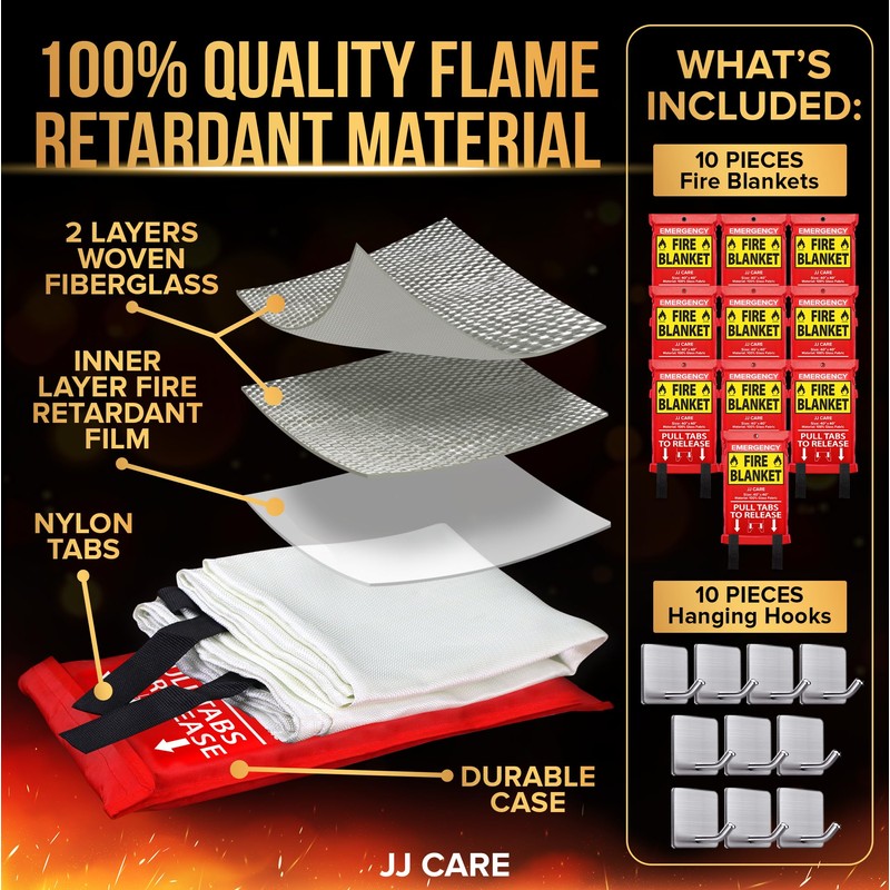 JJ CARE Fire Blanket – 10 Packs with Hooks –
