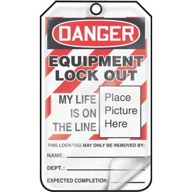 Accuform Signs MLT603LCP Self-Laminating Lockout Tag, Legend "DANGER EQUIPMENT LOCK OUT MY LIFE IS ON THE LINE (Place Picture Here)", 5.75" Length x 3.25" Width x 0.010" Thickness, PF-Cardstock, Red/ Black on White (Pack of 25)