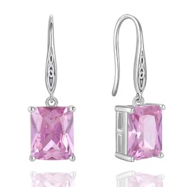 VESHON October Pink Tourmaline Rectangular Earrings, Princess Cut 925 Silver Hook - Healing Jewelry for Women (26.5x10mm)
