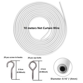 ASIWUJING Net Curtain Wire and Hooks Set, 10M Net Curtain Wire with 20pcs Eye Bolts and 20pcs Screw-in Hooks for Net Curtain Rod…