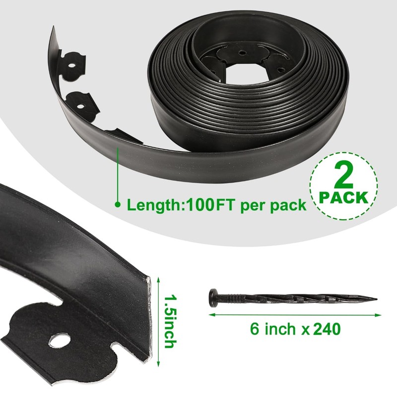 1.5 Inch x 200FT Garden Edging Border,Landscaping with 240pcs Spikes
