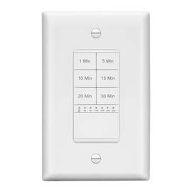 LIDER 30-Minute Countdown Timer Switch with Wall Plate, 800W, No Neutral Required, 1-5-10-15-20-30 Minutes, for Lights or Fans, UL Listed, LED Indicator, White, Wall Plate Included