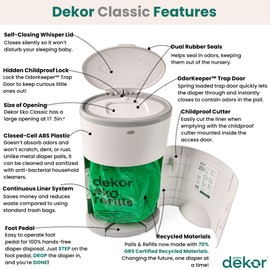 Diaper Dekor EKO Classic Diaper Pail, White | ONLY Eco-Friendly Diaper Pail Made with 70% Recycled Materials | Hands-Free: Step–Drop–Done | Cost-Effective Refill System
