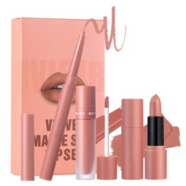 3PCS Matte Liquid Lipstick Lip Liner Set - All-IN-One Lip Kit Stay On 24 Hours - Velvety Nude Lip Gloss & Lipstick & Lip Liner, Waterproof Make Up Lip Set