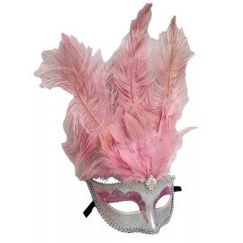 MGMB Light Pink Silver Venetian Mask Feather Masquerade Costume Prom Dance
