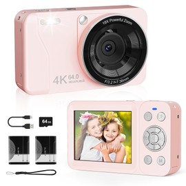 Digital Camera, 4K 64MP, 18X Zoom, Point and Shoot Digital Camera with 64GB SD Card & 2 Batteries, Portable Rechargeable Small Camera for Kids Teens Adult, Pink