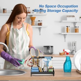 SIVOEAN Sink Organiser Stainless Steel with Drain Pan, Sponge/Dish Cloth Holder - Sink Organiser for Kitchen, Black