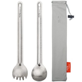 TiTo 2Pcs Titanium Spork Ultralight Long Handle Spoon Fork Portabale Tableware for Outdoor Camping & Hiking Backpacking Flateware with Bag (Bright Titanium)