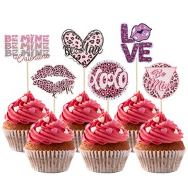 Gyufise 36Pcs Valentine's Day Heart Love Cupcake Toppers Leopard Be Mine Lipstick XOXO Cupcake Picks Decorations for Valentine's Day Birthday Anniversary Party Supplies