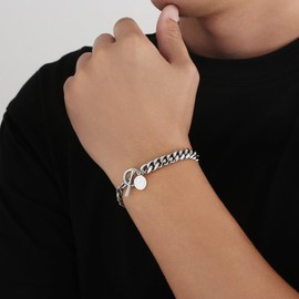 KRKC&CO Men's Curb Chain Bracelet with T Bar Clasp, 8 mm 14K Gold/White Gold Plated Stainless Steel Cuban Bracelets, Nickel-Free Rustproof Bracelet, Gifts for Women, Men, Boys, 19-21 cm