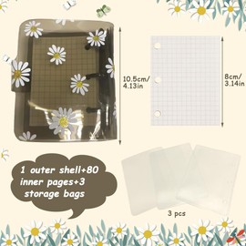Mini 3-Hole Loose Leaf Notebook, Mini Transparent 3 Ring Binder Covers with, Inner Paper, Mini Binder Daisy, with PVC Cover and 3-Card Sleeves, Used for Casual Accounting, School, Office