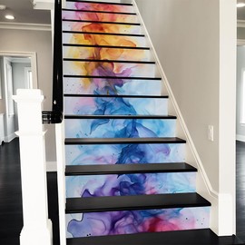 REDAMANCY Modern Coloful Abstract Watercolor Pink/Red/Blue/Yellow Peel and Stick Vinyl Stair Riser Decals Staircase Tile Stickers Decor Modern Marble Decoration Self-Adhesive(14 Pcs)