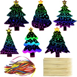 PARSUP 72Pcs Christmas Tree Scratch Paper Rainbow Color Scratch Ornaments Christmas Decorations Hanging Craft Art Kits with Wooden Stick and Ribbon for Kids Christmas Winter Party Favors