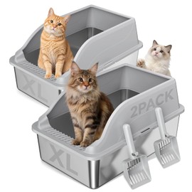 2PACK Stainless Steel Cat Litter Boxes, XL Large Metal Litter Box with High Sides Lid, Odor Free Litter Pan Include Scoop Easy Cleaning Anti-Scratch Kitty Cat Box Anti-Urine Leakage, Non-Sticky