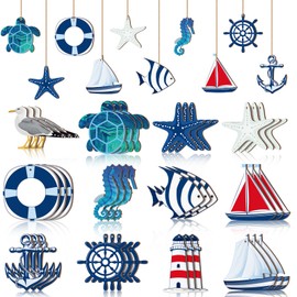 Tradder 36 Pcs Summer Wooden Nautical Ornaments Nautical Hanging Decorations Wood Beach Tree Ornaments Miniature for Home Mini Anchor Life Ring Sea Star Sailboat for Coastal Decor Fishing Net Crafts