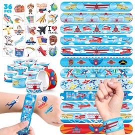 BOIKOKY 60 PCS Airplane Party Favors Set - 36 Temporary Tattoos Sticker & 24 Slap Bracelets for Kids, Perfect for Birthday Parties, Classroom Rewards and Gifts