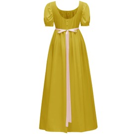 Regency Dresses for Women Bridgerton Dress for Women with Satin Sash Vintage Ball Gown Ruffle Puff Sleeve (Mustard XL)