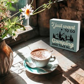 Kneaotoaji Camping Signs for Camper, Rv Gifts for Rv Owners, Camper Decor, Rv Decorations, I Just Want to Go Camping Wooden Box Signs for Rv Camper Travel Trailers 5x5