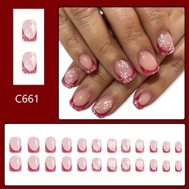 24Pcs Red French Tip Press on Nails Christmas Snowflake Fake Nails Pink Acrylic Nails Full Cover with Winter Snowflake Design Glossy Extra Short Coffin False Nails for Women Xmas Manicure Decor Set