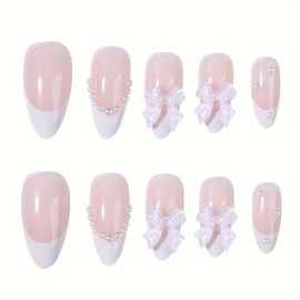 Medium Almond Press On Nails With Pearls, French Tip Fake Nails,Full Cover Bowknot False Nails For Women And Girls Including Nail File And Jelly Glue