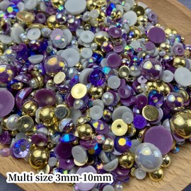Mix Flatback Pearls and Rhinestone,60g Resin Rhinestones Half Round Pearls for Crafts 3mm-10mm AB Color Half Pearl Flatback Rhinestone for Nail Face Art,Bottles (Gold Purple Gray Series)