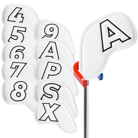 Golf Iron Covers Set Strong Magnetic Closure Value 10 Pack, Double Side Number Synthetic Leather Deluxe Club Headcover, Universal Head Cover Fit Main Irons Clubs for Women Men (White)