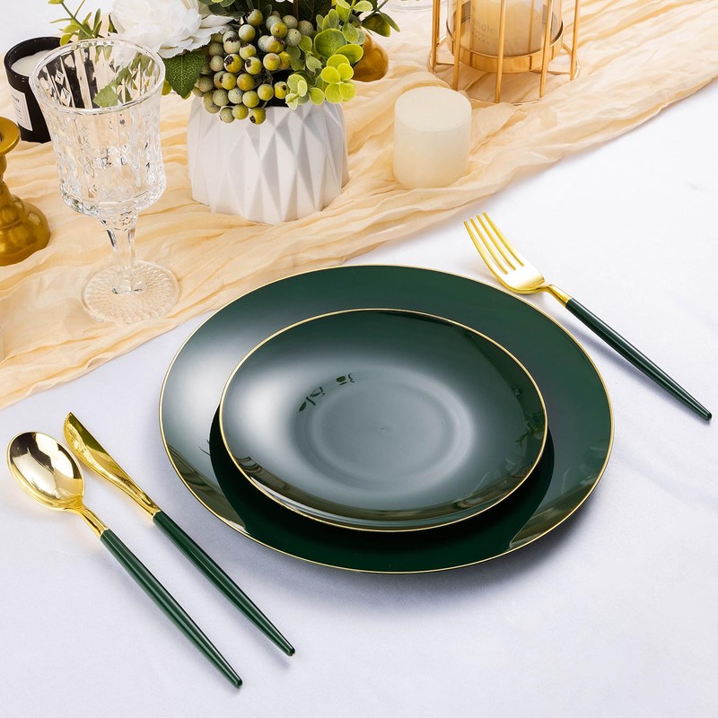 50PCS Green Gold Plastic Plates for 25 Guests, Hefty Disposable