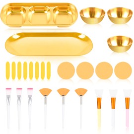 26Pcs Esthetician Supplies for Facials Set - 3 Stainless Steel Gold Mixing Bowls Gold Small Serving Tray 3 Compartment Serving Tray 3 Facial Fan Brushes 6 Face Mask Applicator Brush 12 Face Sponges