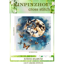 Xinpinzhou Wolf 11ct Cross Stitch, 11 Count Counted Stamped Pre Printed Cross Stitch Embroidery Kits for Adults Beginners Starter Advanced Easy Crossstitch Animal Patterns Set Wall Decor 40x40 cm