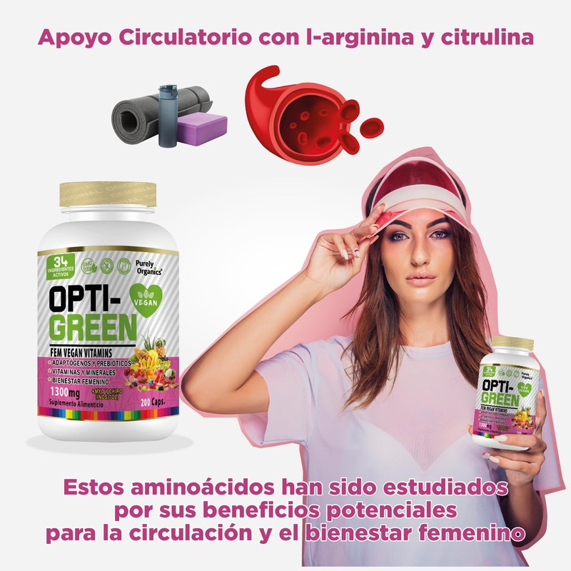 Opti-Green FemVegan Vitamins 200 Caps. Adaptogenos, Prebióticos, Vitaminas y Minerales