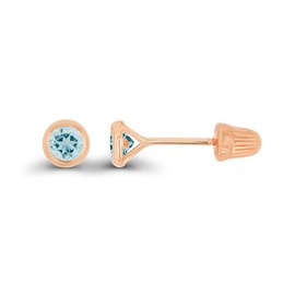 Solid 14K Rose Gold 3mm Round Natural Aquamarine March Birthstone Bezel Screw Back Stud Earrings