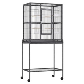 PawHut 30" Rolling Metal Bird Cage Feeder with Detachable Rolling Stand, Storage Shelf, Wood Perch & Food Container