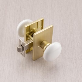 NCL White Door Knob, Satin Brass Porcelain Door Knobs Interior, Rectangle Door Levers for Bedroom and Bathroom, Privacy Door Handles with Lock