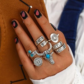 Turquoise Rings for Women Jewelry Stackable Adjustable Knuckle Ring Set Boho Statement Stacking Finger Ring for Everyday Wear