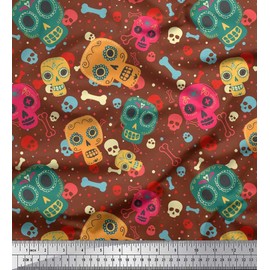 Soimoi Brown Cotton Cambric Fabric Dot,Bone & Skull Decor Fabric Printed BTY 56 Inch Wide