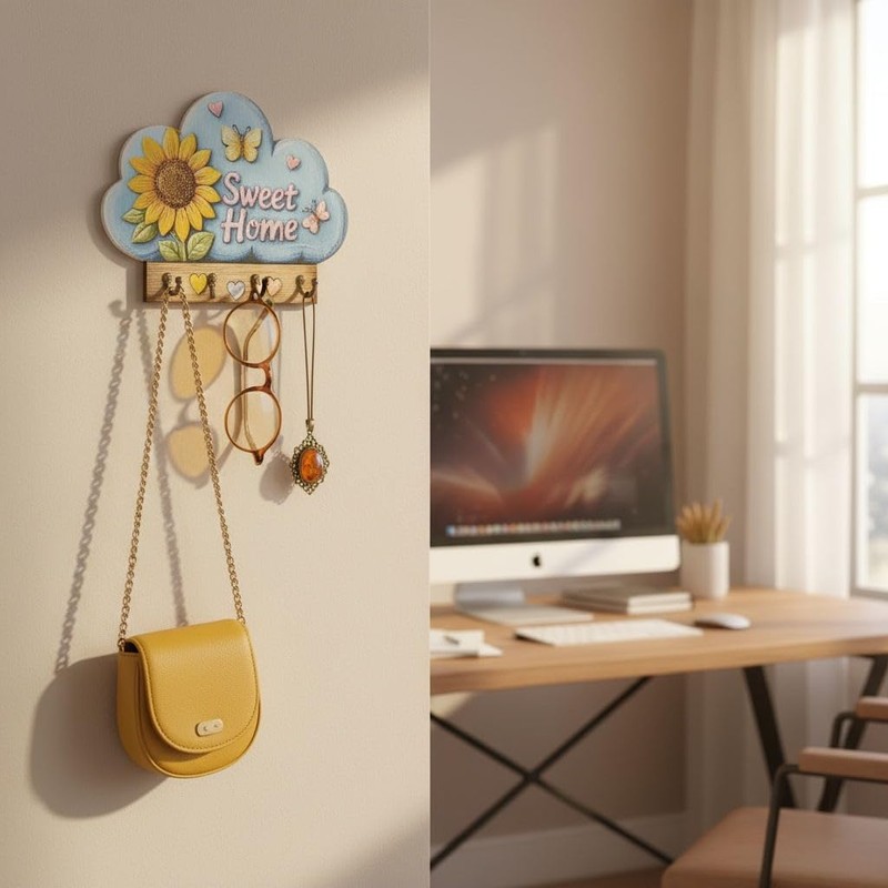 Wall Mounted Key Holder with Hooks - Key Organizer for